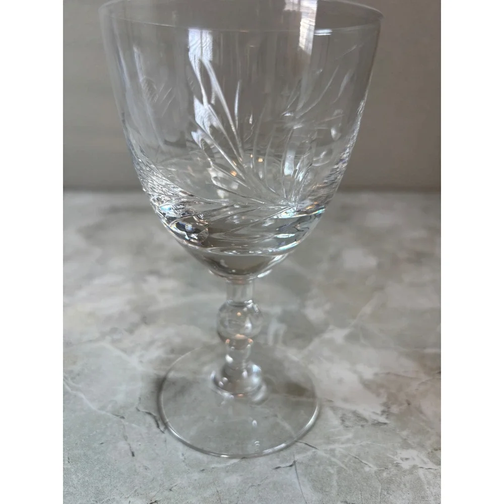 Vintage Etched Crystal Wine Goblet Floral Wheat Design Ball Stem 5.5 Inch‎